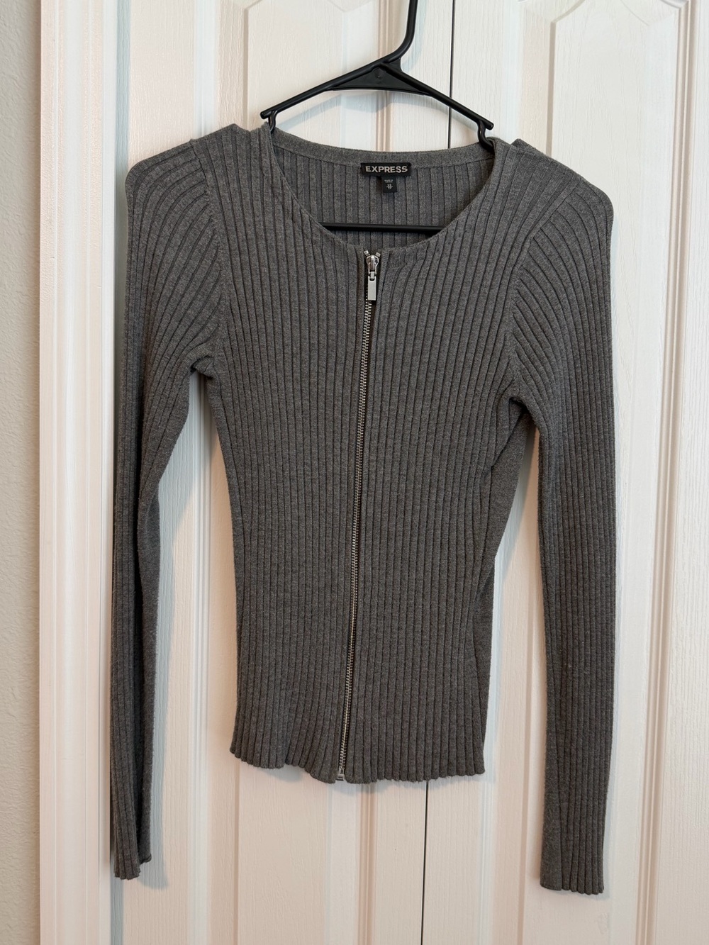 Express Gray Ribbed Zip-Front Sweater Top
